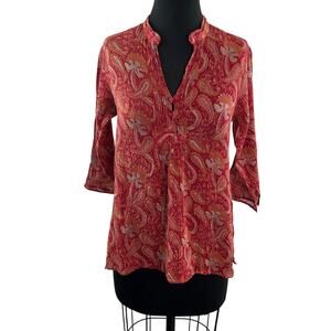 Anokhi Red Crinkled Blouse Cotton Floral Paisley Split Neck Pullover Sz M Medium